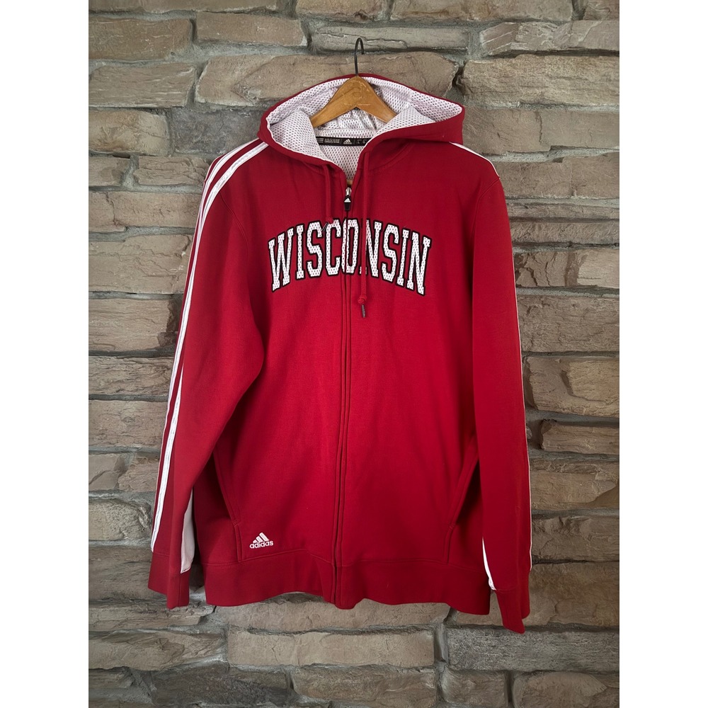 Adidas Wisconsin Badgers Full Zip Hoodie Mens Large Red Bucky Badger 3 Stripe